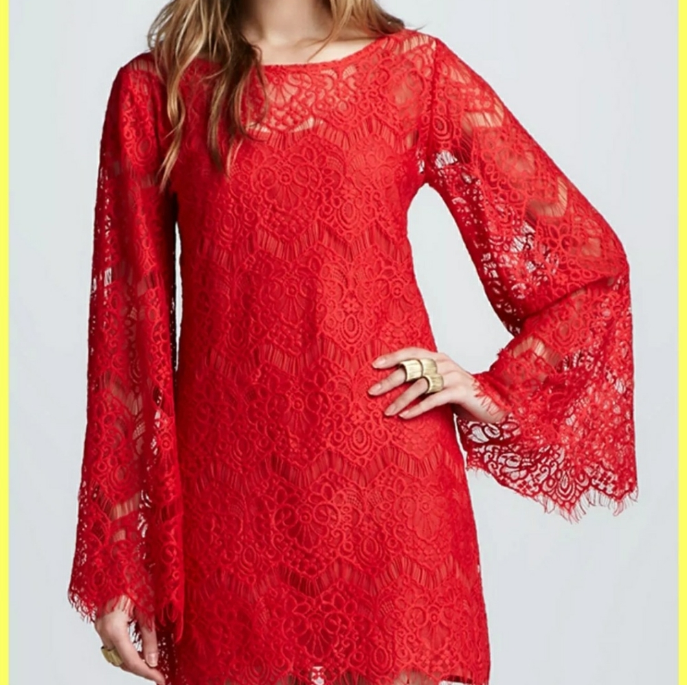 NWT ALEXIS RED SHEER LACE DRESS KATARINA STASSI BELL-SLEEVE TUNIC COVER-UP M